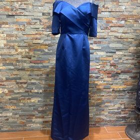 Navy Satin Off-the Shoulder with Sleeves Gown, Size 12