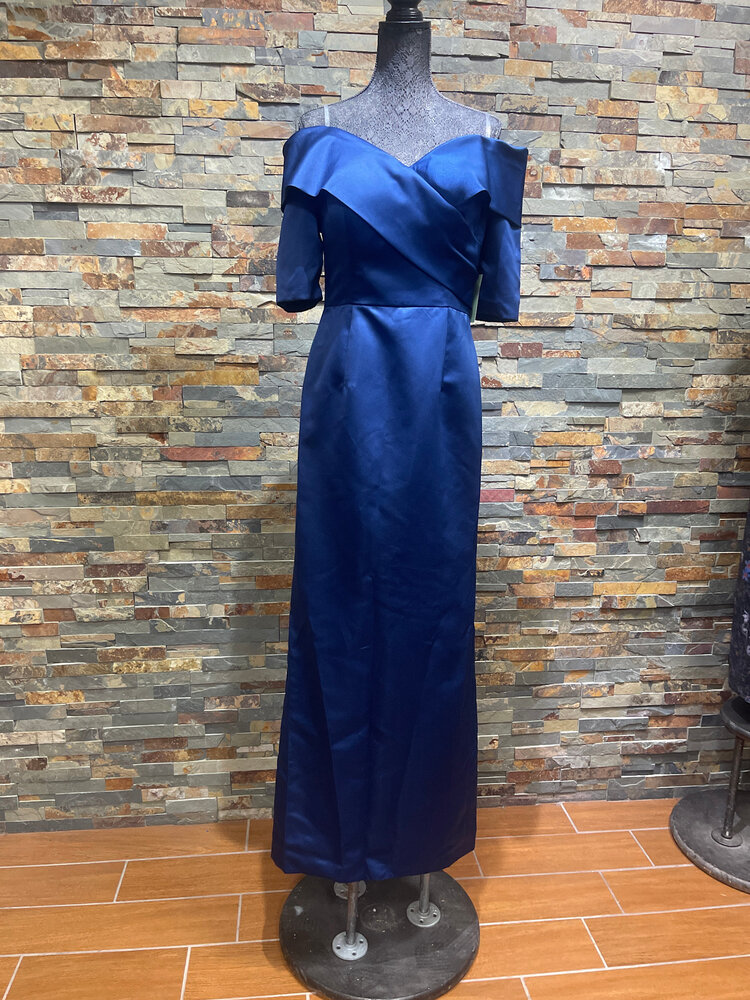 Navy Satin Off-the Shoulder with Sleeves Gown, Size 12
