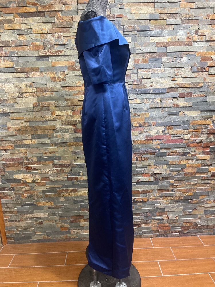 Navy Satin Off-the Shoulder with Sleeves Gown, Size 12