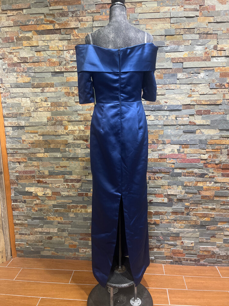 Navy Satin Off-the Shoulder with Sleeves Gown, Size 12