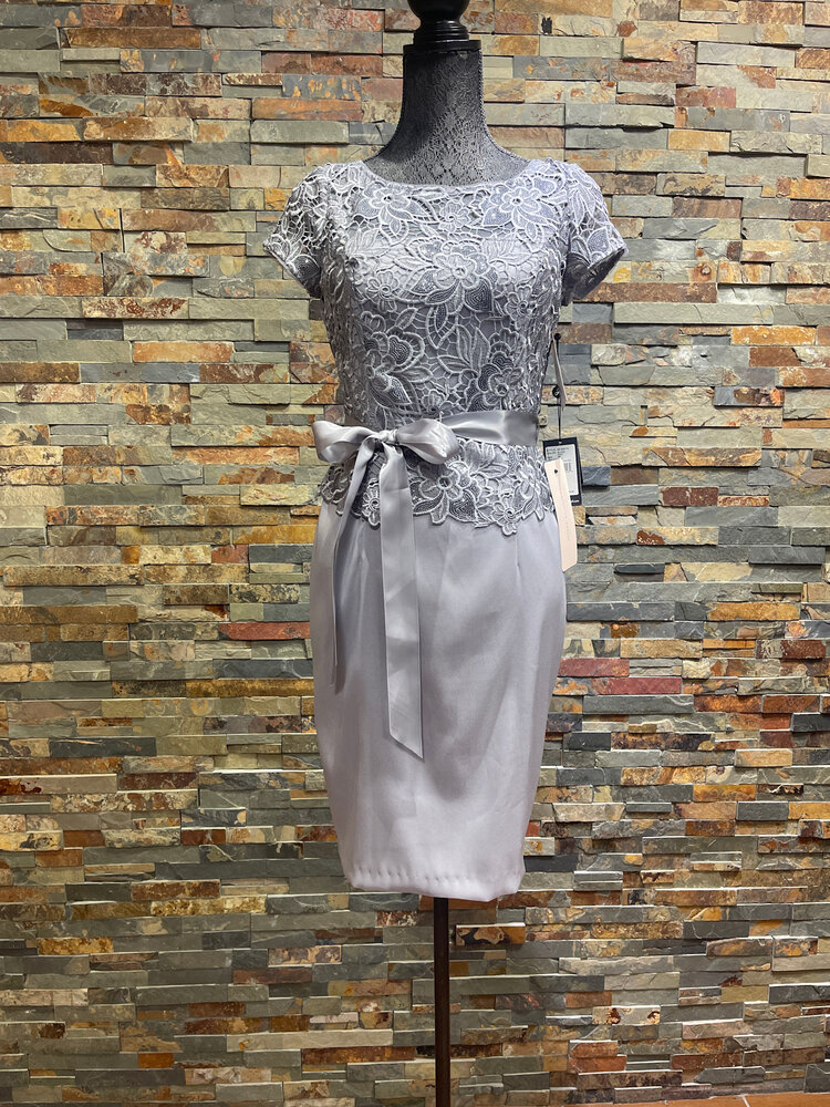 Adrianna Papell Silver/Gray Dress with Floral Sequin Lace Overlay Top, Size 4P