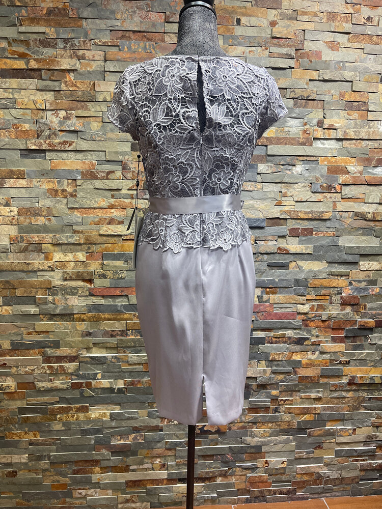 Adrianna Papell Silver/Gray Dress with Floral Sequin Lace Overlay Top, Size 4P