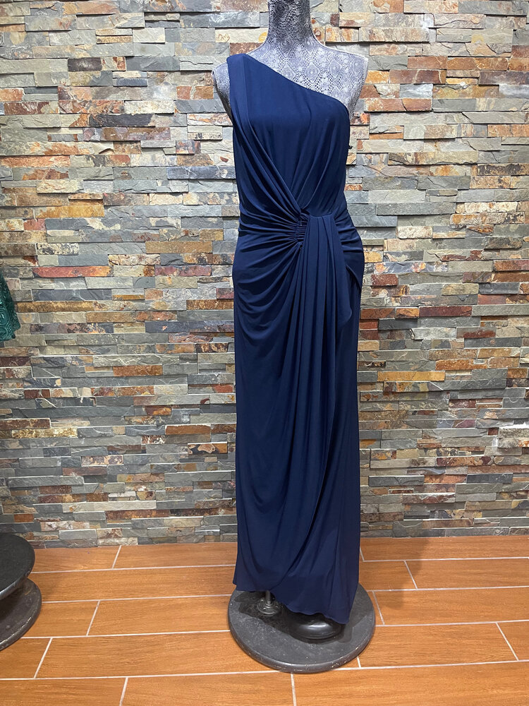Adrianna Papell Midnight Blue One Shoulder Jersey Gown, Size 10