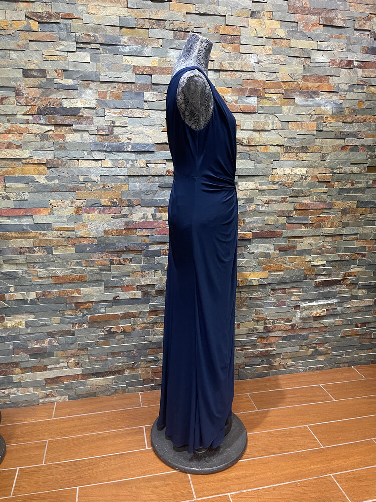 Adrianna Papell Midnight Blue One Shoulder Jersey Gown, Size 10