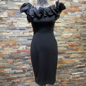Aidan Mattox Black Dress with Ruffled Cold Shoulder Detail, Size 2