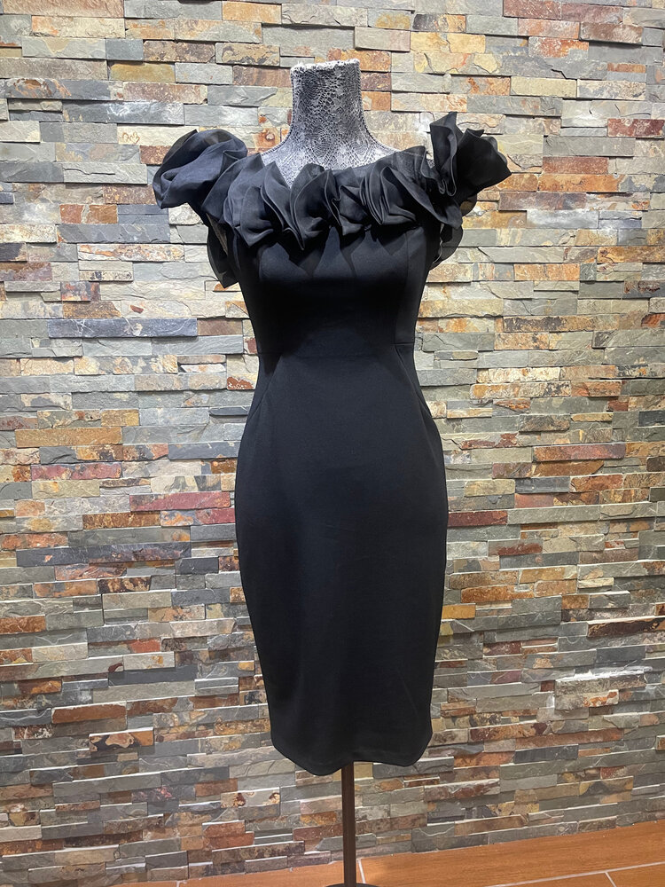 Aidan Mattox Black Dress with Ruffled Cold Shoulder Detail, Size 2