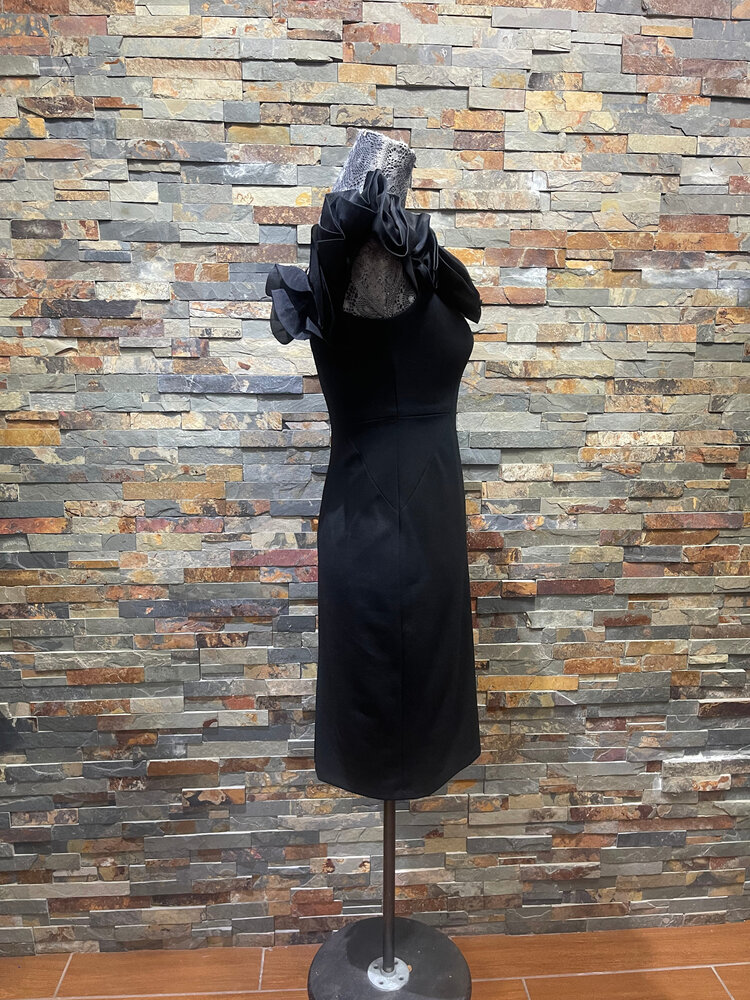 Aidan Mattox Black Dress with Ruffled Cold Shoulder Detail, Size 2
