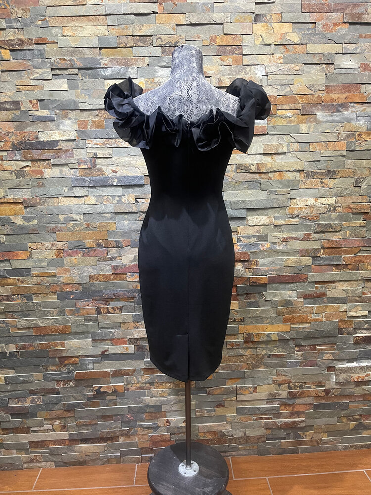 Aidan Mattox Black Dress with Ruffled Cold Shoulder Detail, Size 2