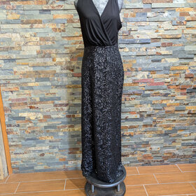 Aidan Mattox Black Gown with Ruched Top and Sequined Skirt