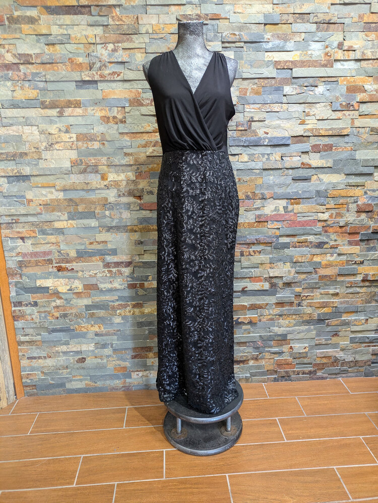 Aidan Mattox Black Gown with Ruched Top and Sequined Skirt