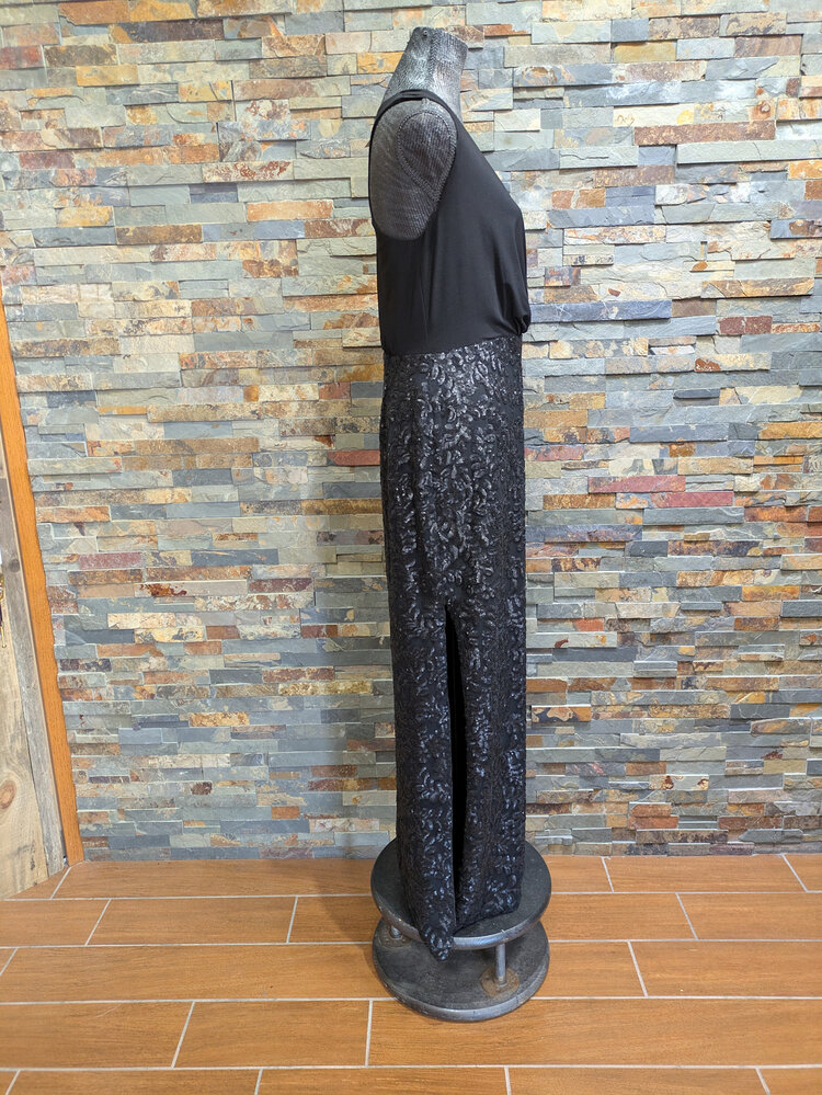 Aidan Mattox Black Gown with Ruched Top and Sequined Skirt