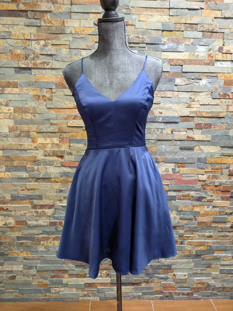 B Darlin Navy Shiney Dress with Lace Zip-Up Back, Size 1/2