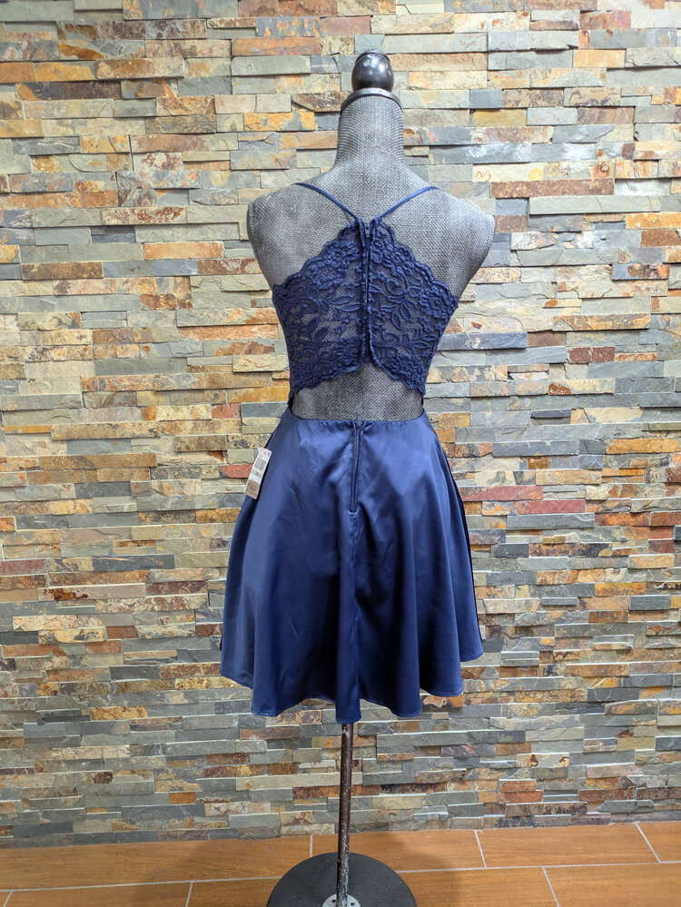 B Darlin Navy Shiney Dress with Lace Zip-Up Back, Size 1/2