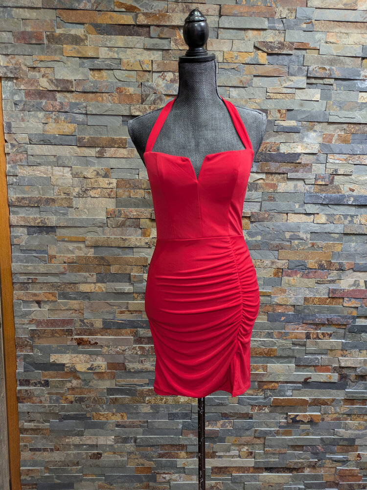 City Studio Red Stretch Halter Dress with Front V, Size M