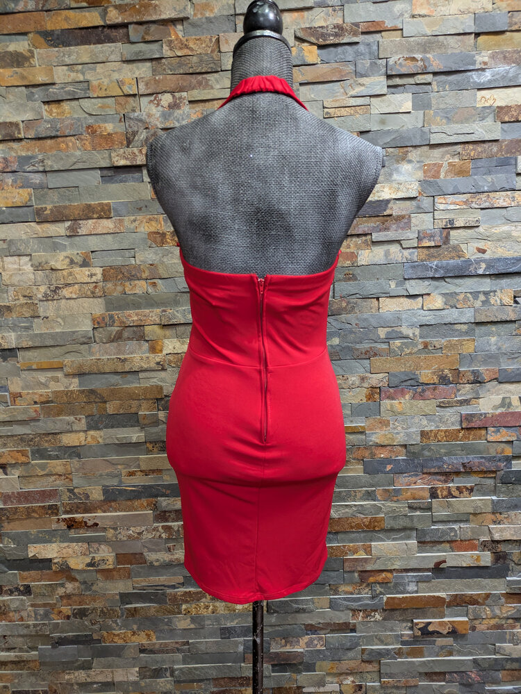 City Studio Red Stretch Halter Dress with Front V, Size M