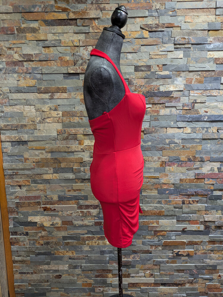 City Studio Red Stretch Halter Dress with Front V, Size M