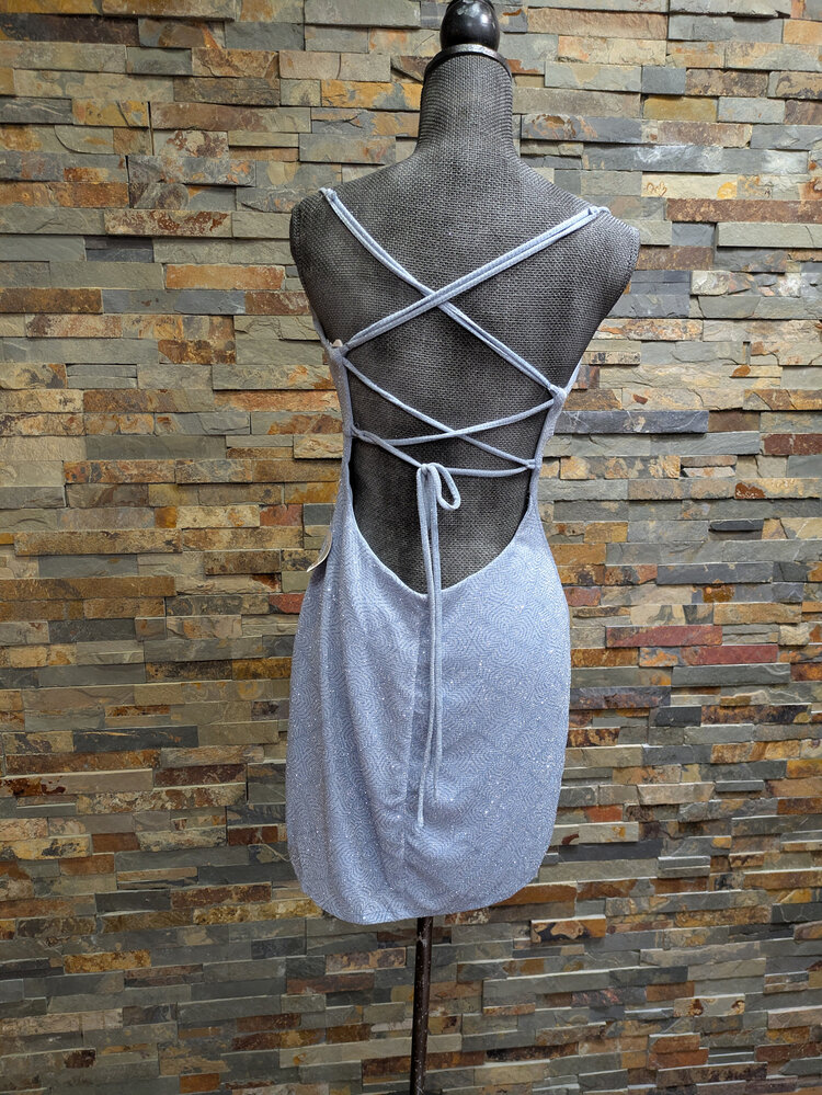 B Darlin Sky Blue Shimmer Textured Ruched Top with Strappy Back