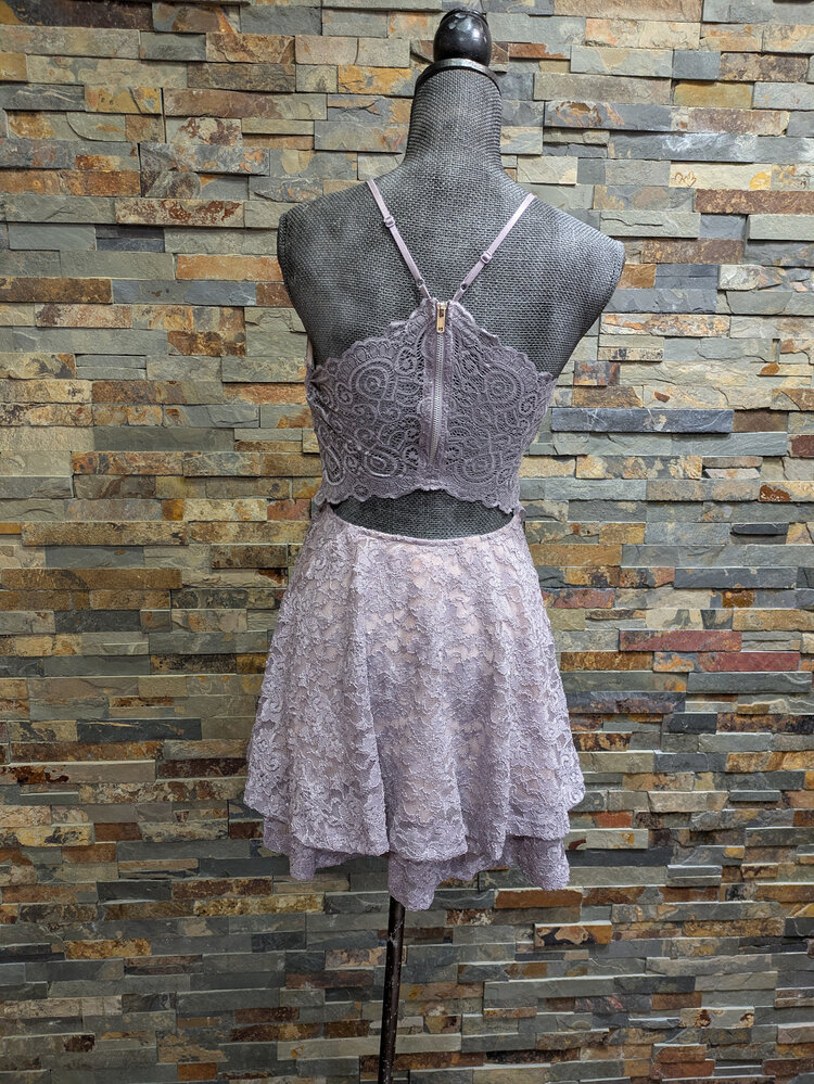 Emerald Sundae Lavender Lace Double Ruffle Zip Up Back Dress