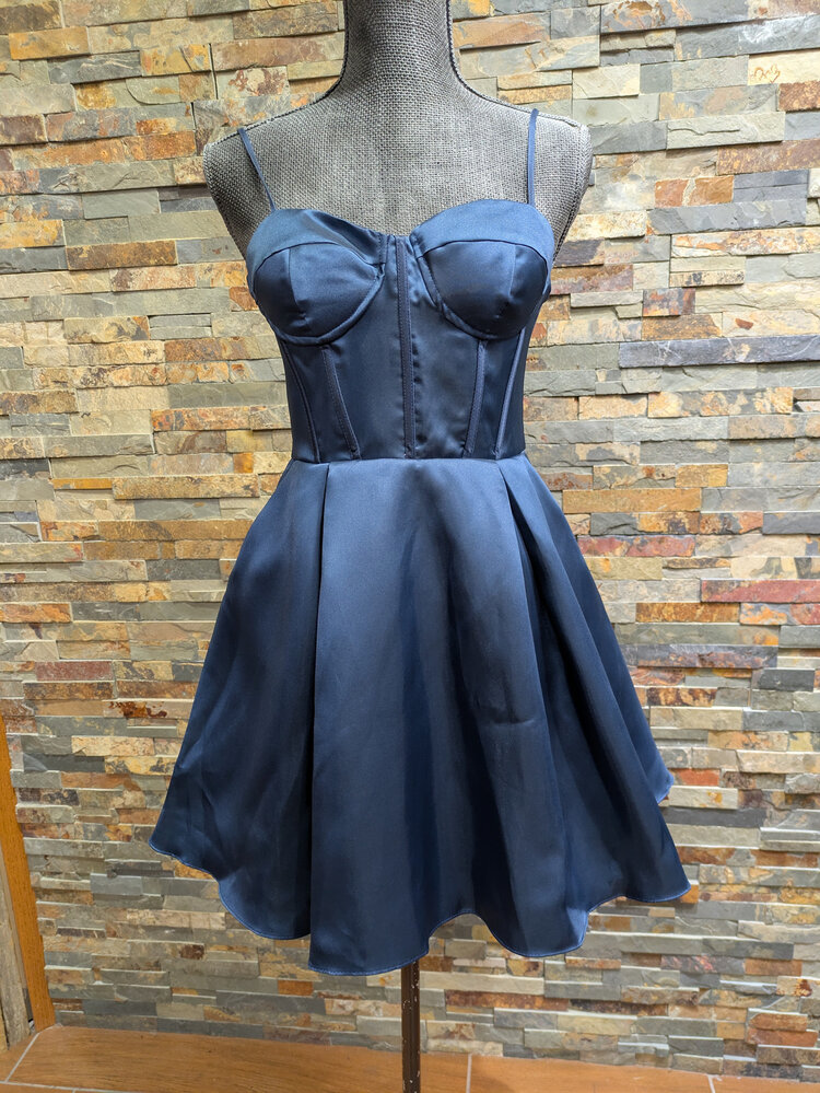 B Darlin Navy Taffeta Corset Waistline Dress