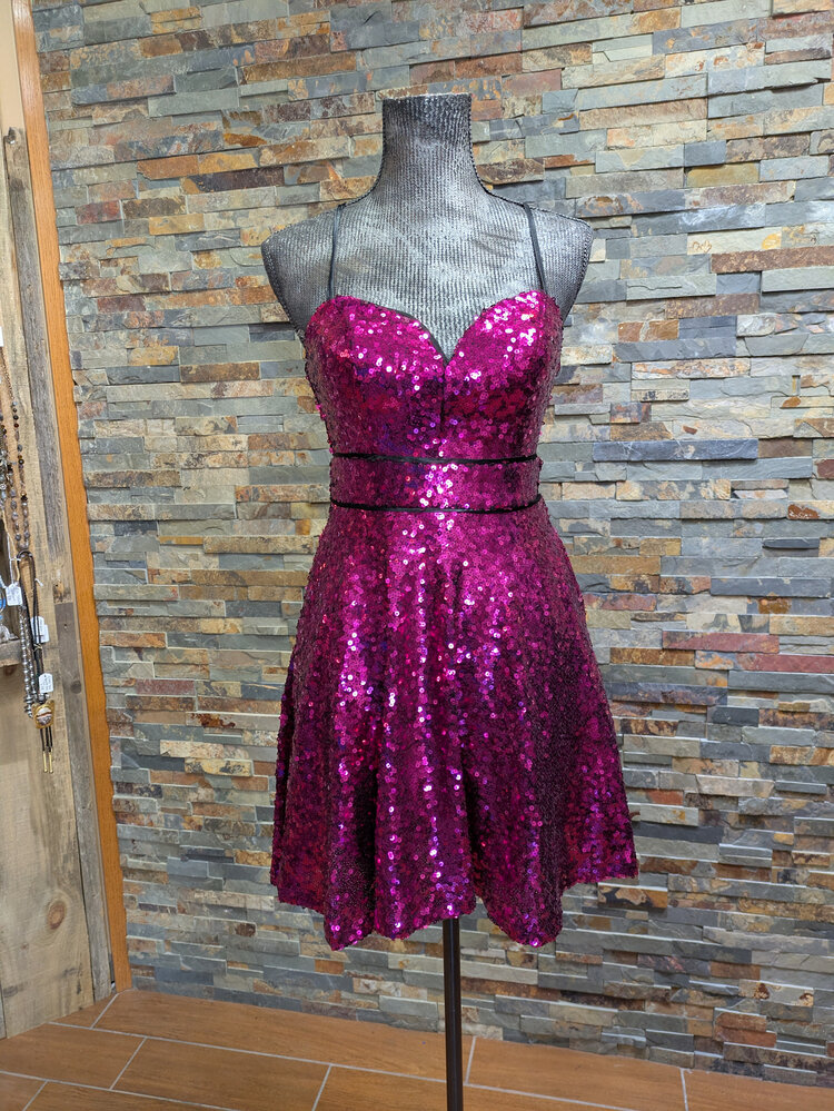 Crystal Doll Hot Pink Sequin Strap Cross Back Dress