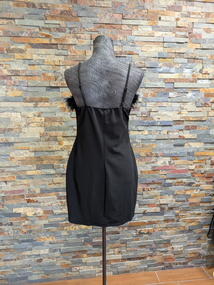 B Darlin Black Strapped Dress with Feather Trim
