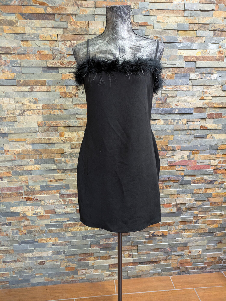 B Darlin Black Strapped Dress with Feather Trim
