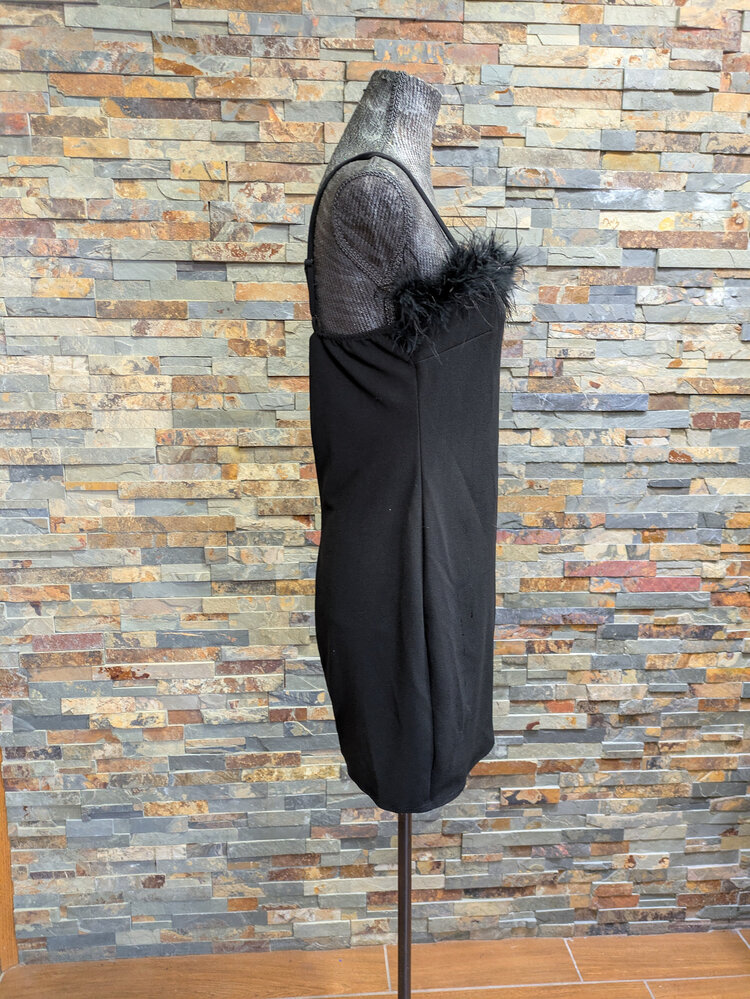 B Darlin Black Strapped Dress with Feather Trim