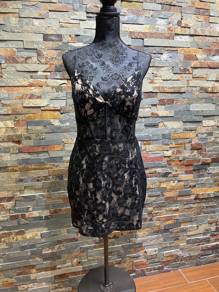 Black Floral Sequin Overlay Dress with Lace-Up Back, Size 15