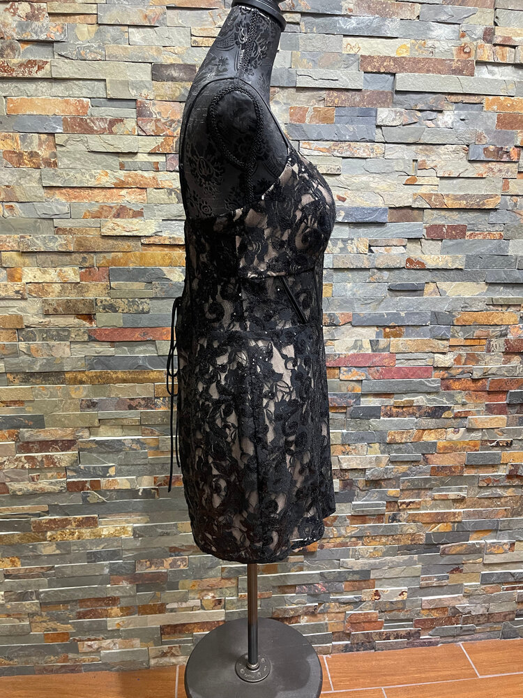 Black Floral Sequin Overlay Dress with Lace-Up Back, Size 15