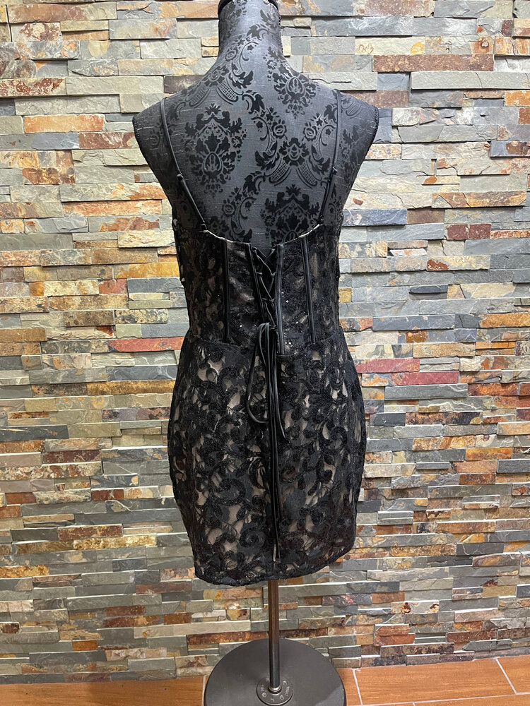 Black Floral Sequin Overlay Dress with Lace-Up Back, Size 15