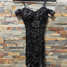 BCX Black Off the Shoulder Mesh Overlay Ruched Dress, Size S