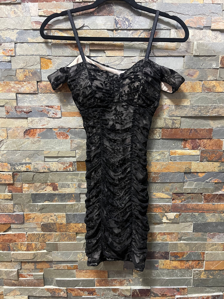 BCX Black Off the Shoulder Mesh Overlay Ruched Dress, Size S