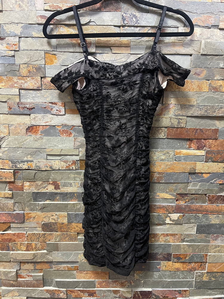 BCX Black Off the Shoulder Mesh Overlay Ruched Dress, Size S