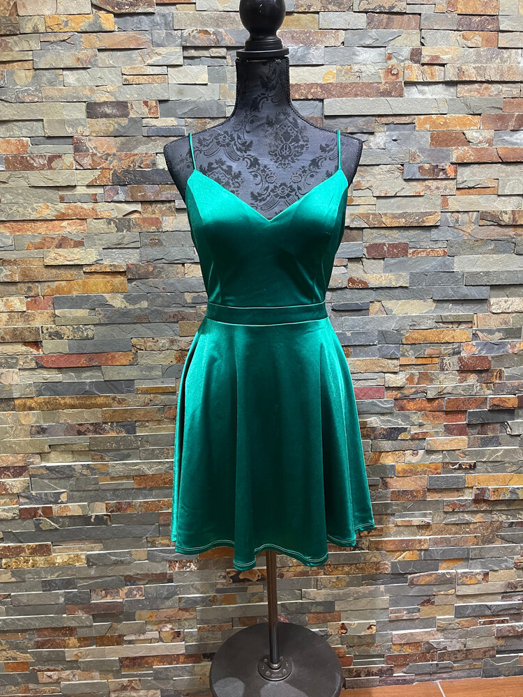 City Studio Green Satiny Criss Cross Strapped Back with Open Back, Size 15