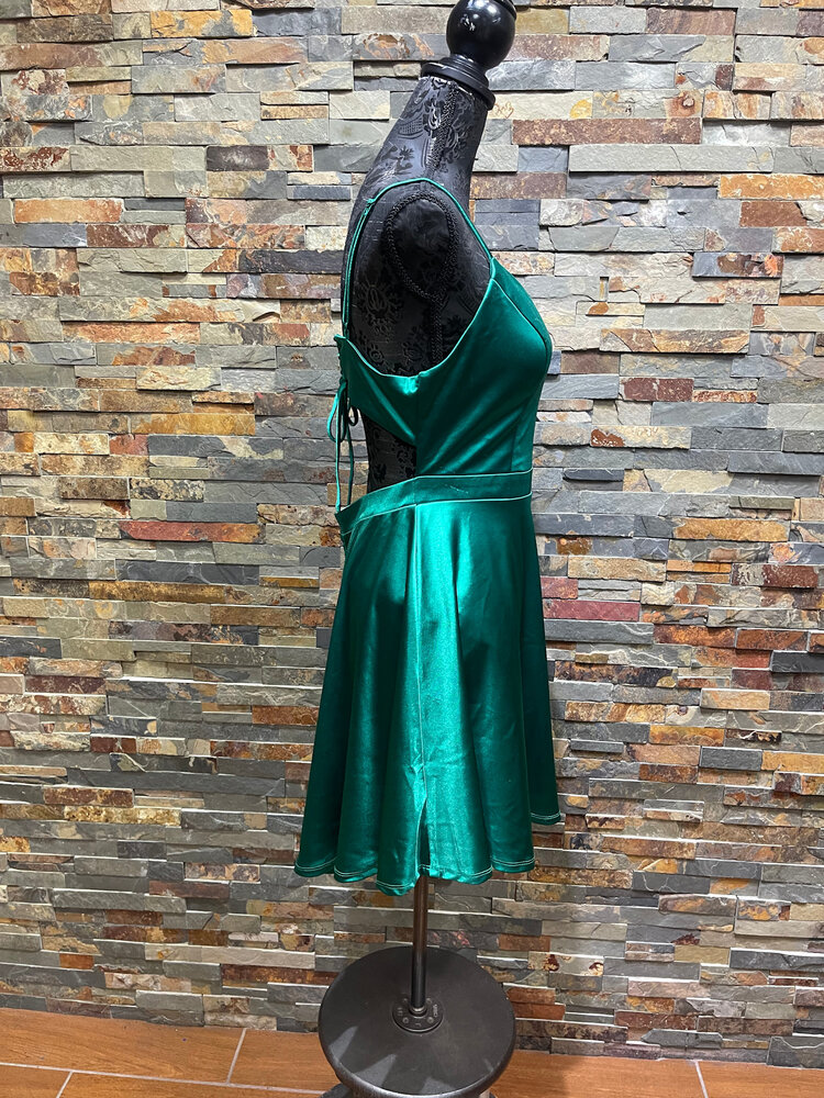 City Studio Green Satiny Criss Cross Strapped Back with Open Back, Size 15