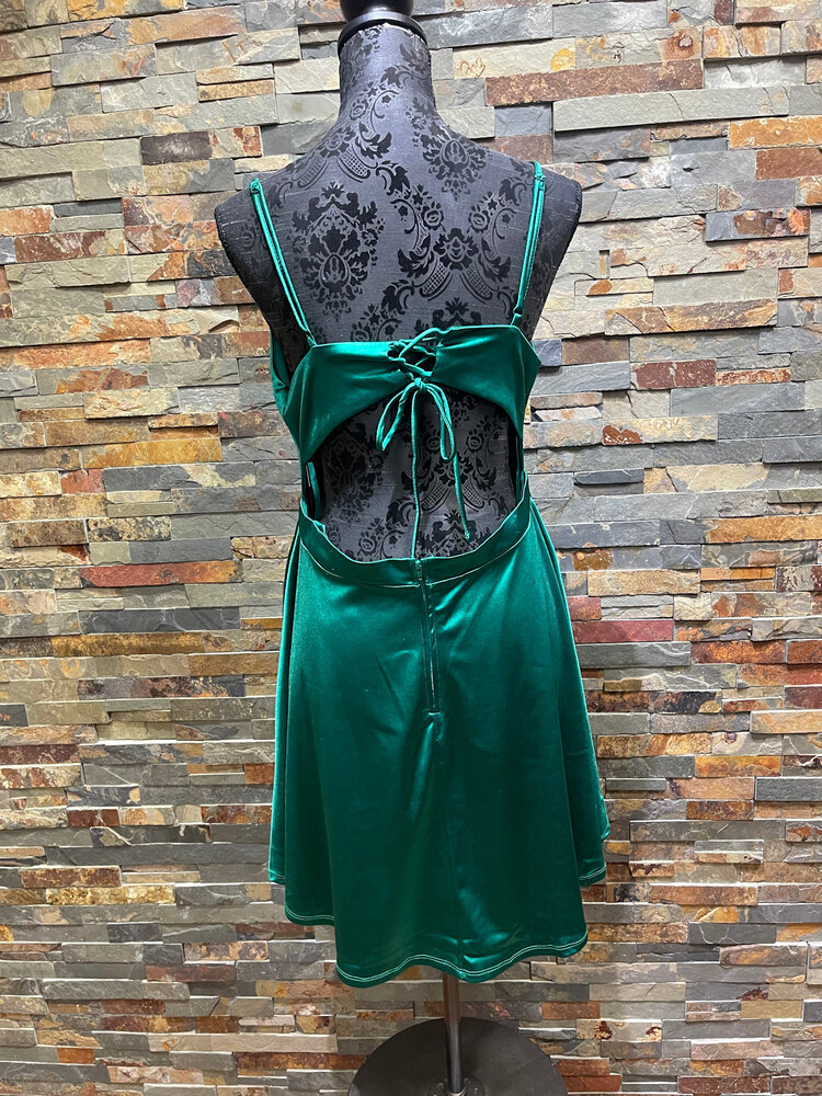 City Studio Green Satiny Criss Cross Strapped Back with Open Back, Size 15