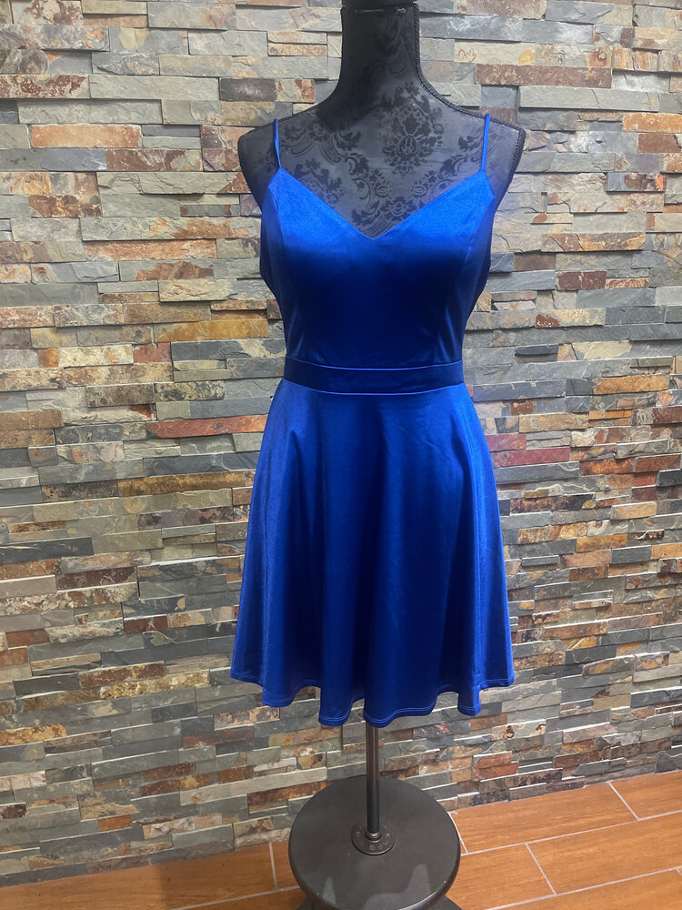 City Studio Royal Blue Satiny Dress with Criss Cross Keyhole Back