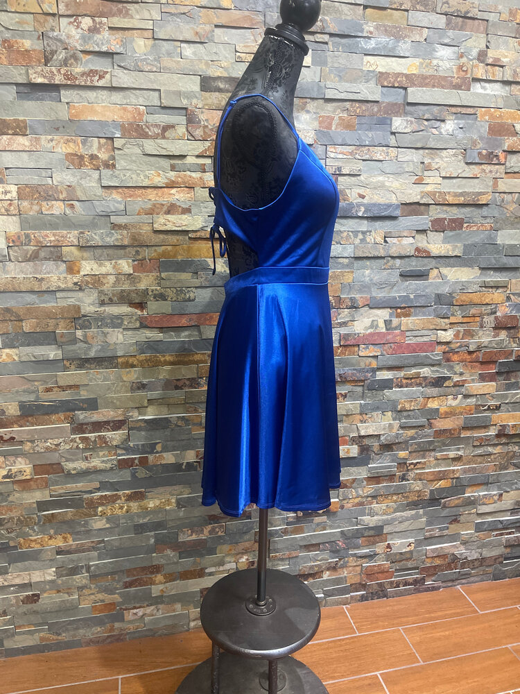 City Studio Royal Blue Satiny Dress with Criss Cross Keyhole Back
