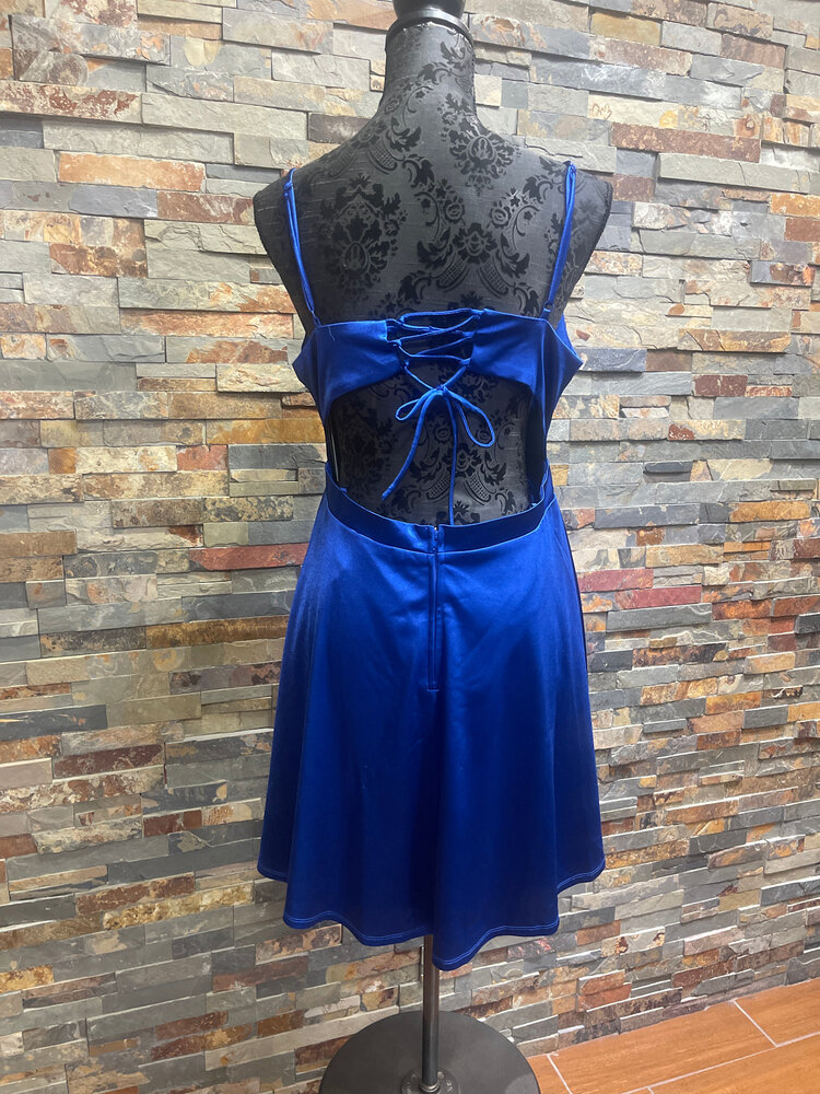 City Studio Royal Blue Satiny Dress with Criss Cross Keyhole Back