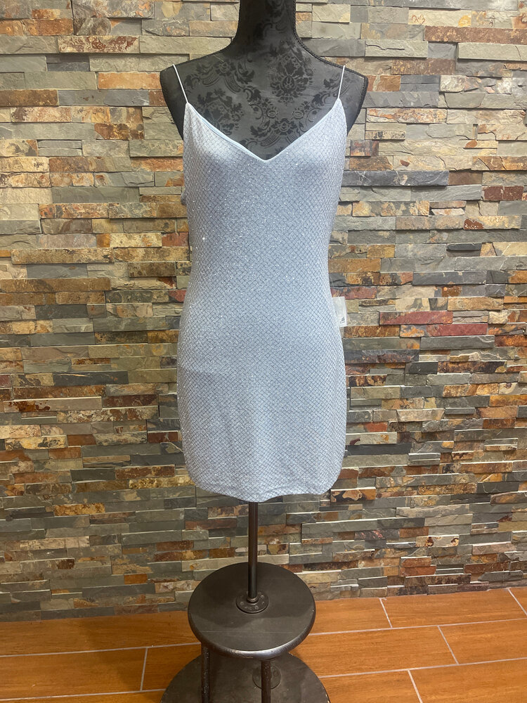 B Darlin Light Blue Dress with Silver Diamond Pattern, Size 15/16