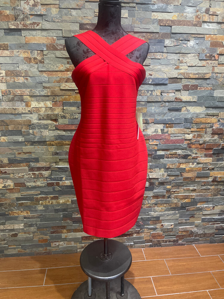 Red Ribbed Stretch Dress with Crossing Straps, Size L