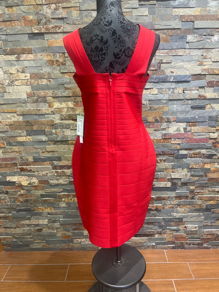 Red Ribbed Stretch Dress with Crossing Straps, Size L