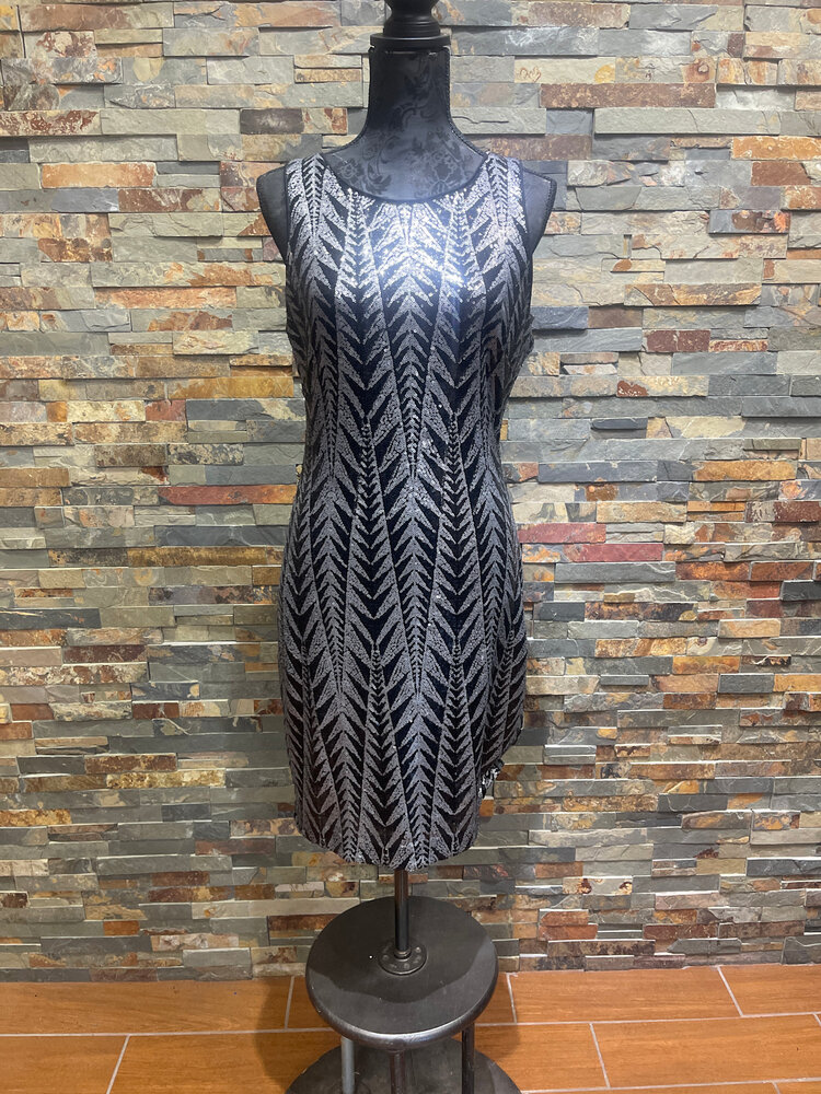 Guess Silver and Black Sequin Patterned Dress, Size 12