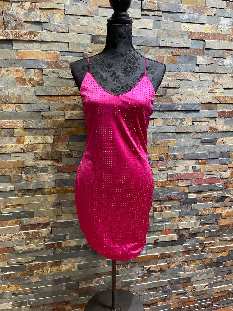 City Studio Hot Pink Strappy Cross Back Dress with Pink Rhinestone Dots, Size 9/10