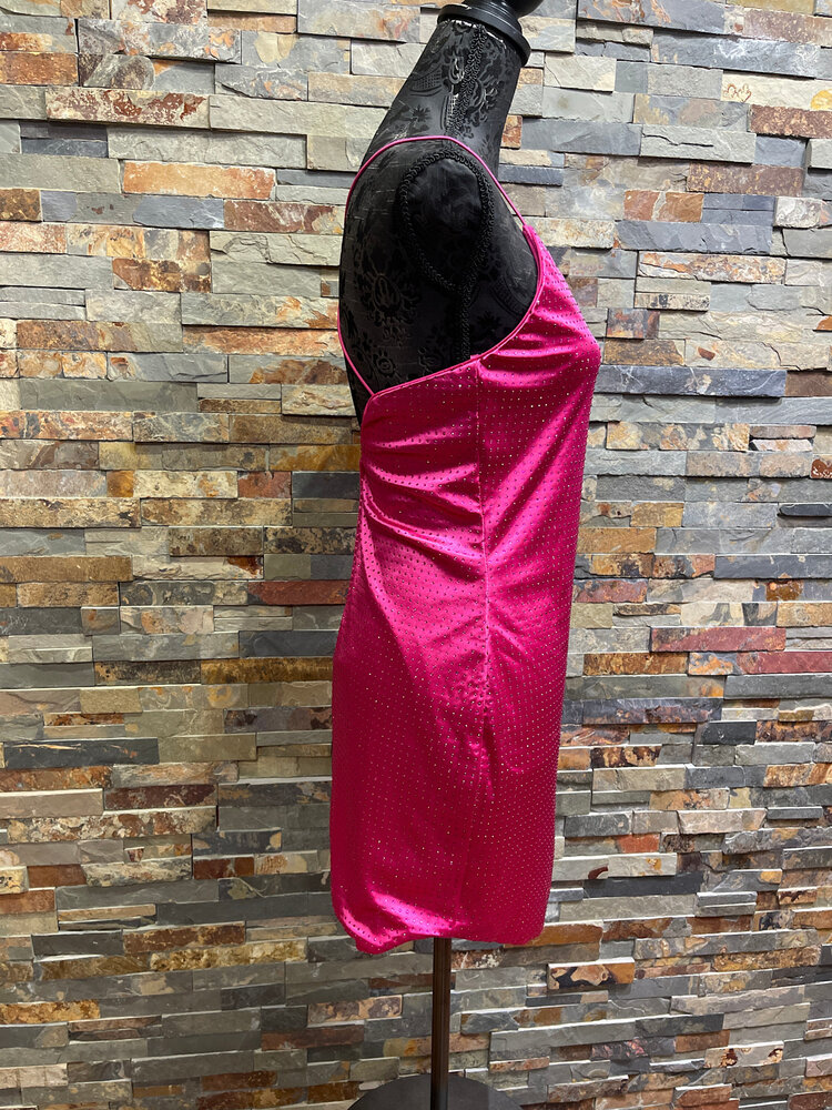 City Studio Hot Pink Strappy Cross Back Dress with Pink Rhinestone Dots, Size 9/10
