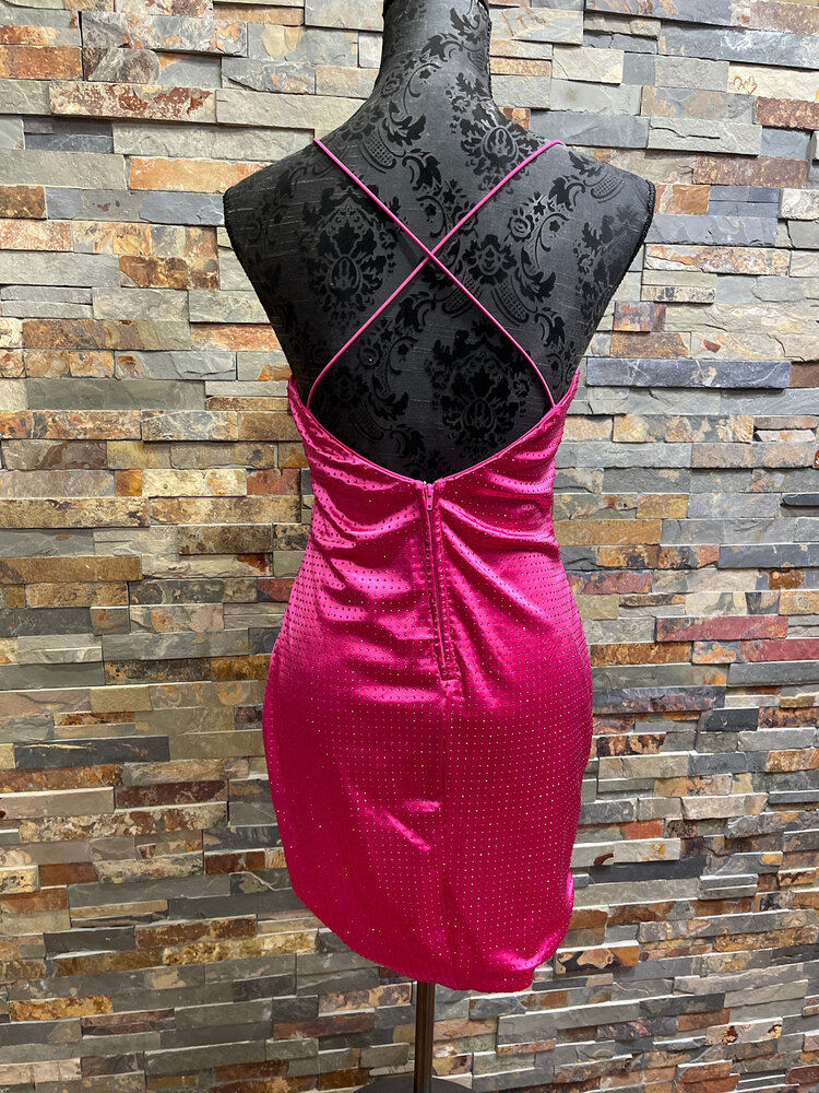 City Studio Hot Pink Strappy Cross Back Dress with Pink Rhinestone Dots, Size 9/10
