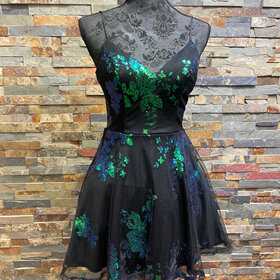 City Studio Black Fit & Flare Dress w/Green/Blue Sequin Floral Design