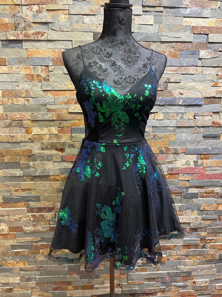 City Studio Black Fit & Flare Dress w/Green/Blue Sequin Floral Design