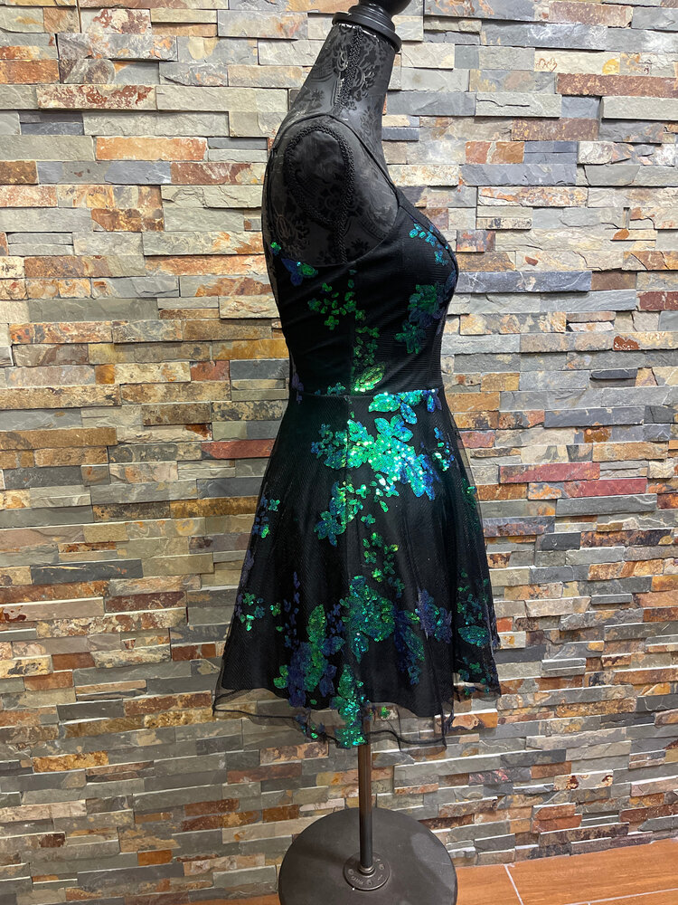 City Studio Black Fit & Flare Dress w/Green/Blue Sequin Floral Design