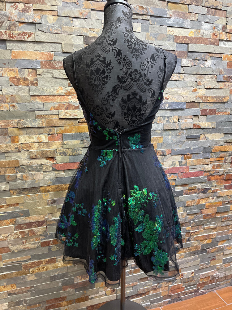 City Studio Black Fit & Flare Dress w/Green/Blue Sequin Floral Design